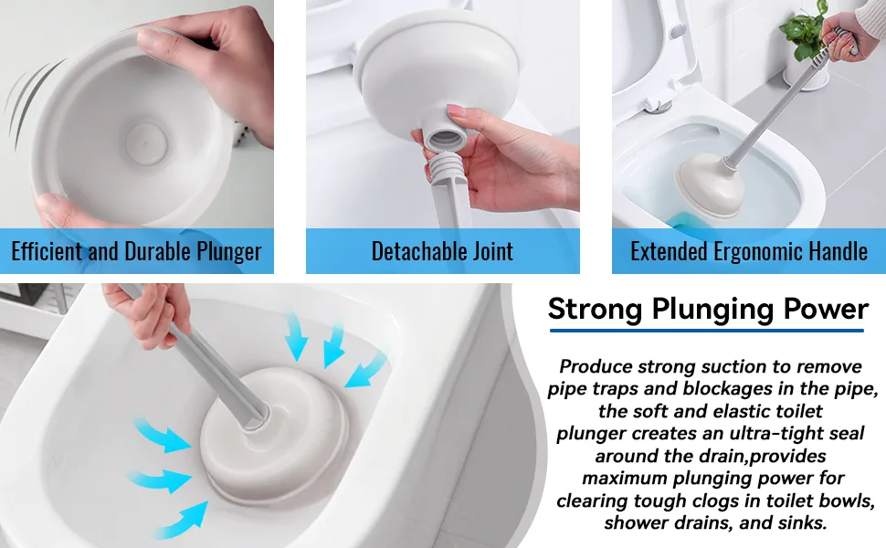 HMQCI Toilet Plunger High Pressure Thrust Plunge Removes Heavy Duty Clogs from Clogged Bathroom Toilet (Blue) - Strong suction Toilet Plunger