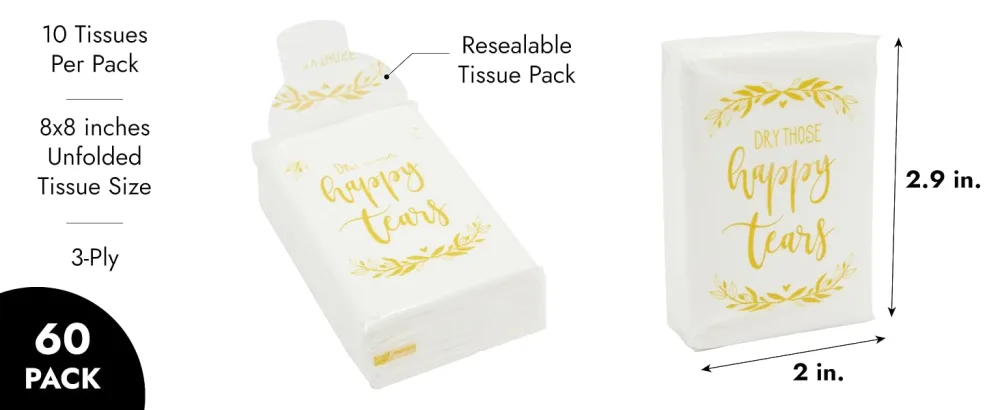 60 Pack Bulk Pocket-Size Facial Tissues for Graduation, Wedding Party Favors, Individual Use, 10 Sheets Per Pack - Infographic