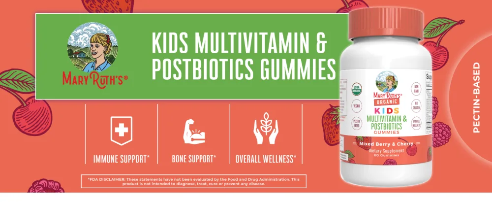 MaryRuths USDA Organic Kids Multivitamin Gummies + Postbiotics for Ages 4+ | Lactobacillus Rhamnosus | Vegan | Non-GMO | 60 Count - Kids Multivitamin & Postbiotics Gummies