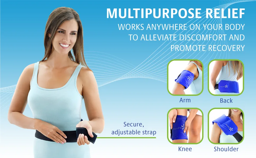 TheraPAQ Ice Packs for Injuries Reusable Version - Adjustable 14 x 6 Inch Hot and Cold Gel Pack w/Adjustable Strap for Shoulder, Knee, Back, Ankle, and Foot Discomfort - Sports Therapy and Recovery Gel Pack & Flexible Strap - Multipurpose relief: secure, adjustable strap; use on your arm, back, knee, shoulder, and more