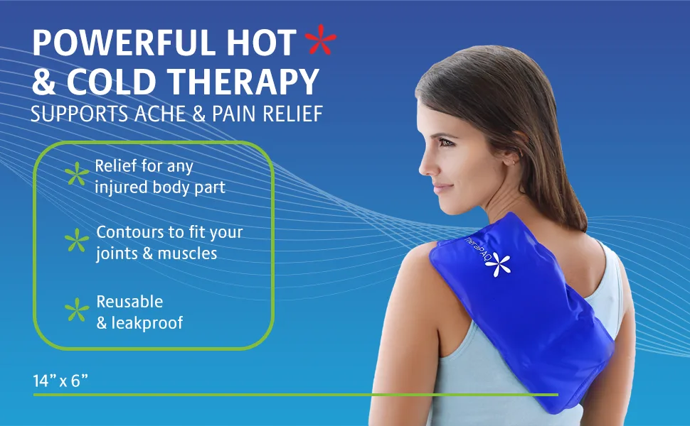 TheraPAQ Ice Packs for Injuries Reusable Version - Adjustable 14 x 6 Inch Hot and Cold Gel Pack w/Adjustable Strap for Shoulder, Knee, Back, Ankle, and Foot Discomfort - Sports Therapy and Recovery Gel Pack & Flexible Strap - Woman wearing the adjustable hot/cold pack on her upper back
