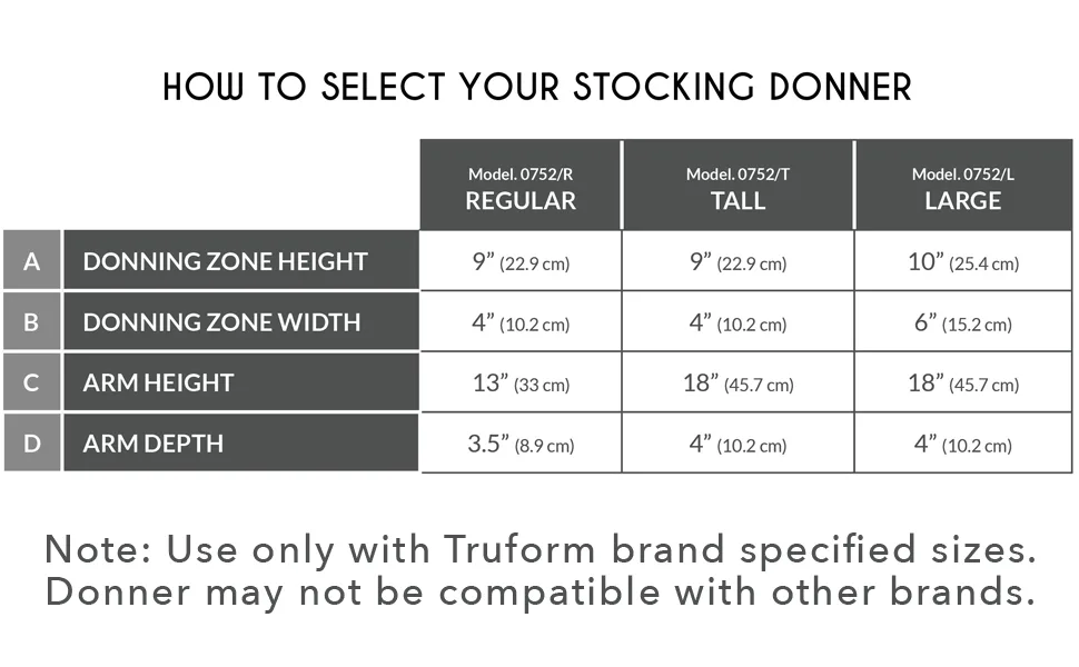 Stockings Donner, Helper for Applying Compression Socks, Regular Size Donning Zone Regular Zone - Truform Stocking Donner Size Chart