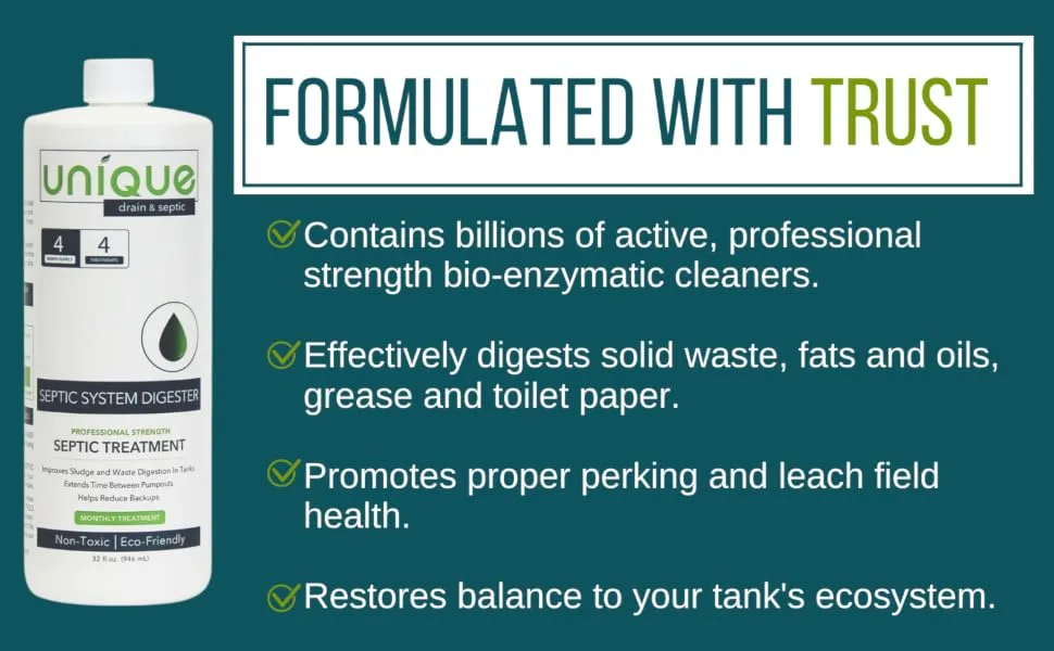 Unique Septic System Digester  4 Monthly Treatments  Helps Prevent Sewage Back-Ups, Clogs, Odors  Safe for Household Use, 32oz - formulated with trust banner by product bottle