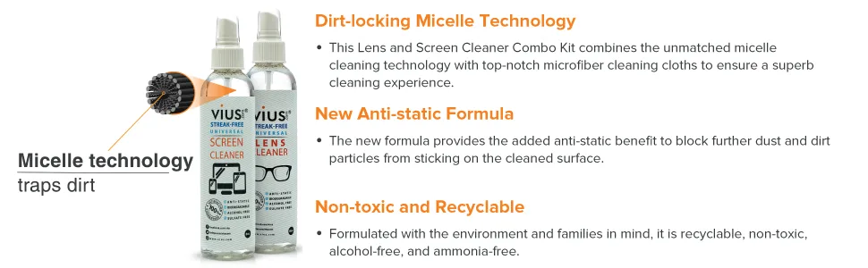 Lens and Screen Cleaner Kit - vius Lens and Screen Cleaner Combo Kit (4 Pack) 8 Piece Set - vius lens and screen cleaner cleans electronics and lenses best for tablets phone iphone TV glasses