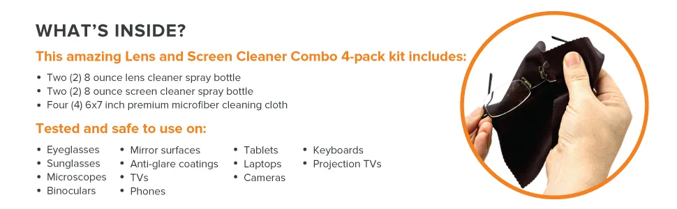 Lens and Screen Cleaner Kit - vius Lens and Screen Cleaner Combo Kit (4 Pack) 8 Piece Set - vius screen cleaner cleans electronics tablets phone iphone TV includes microfiber cloths