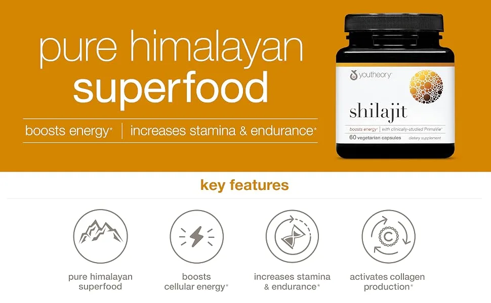 Youtheory Shilajit, Pure Himalayan Superfoood, Energy Support, 60 Vegetarian Capsules - Shilajit 60 ct Panel 1