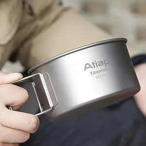 ATiAP Titanium Bowl Pot with Foldable Handle, Single-Wall Titanium Cooking Tableware Bowl with Folding Handle for Outdoor Camping Hiking Picnic (550ML) - Foldable Bowl