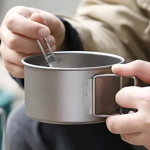 ATiAP Titanium Bowl Pot with Foldable Handle, Single-Wall Titanium Cooking Tableware Bowl with Folding Handle for Outdoor Camping Hiking Picnic (550ML) - Titanium Camping Foldable Bowl