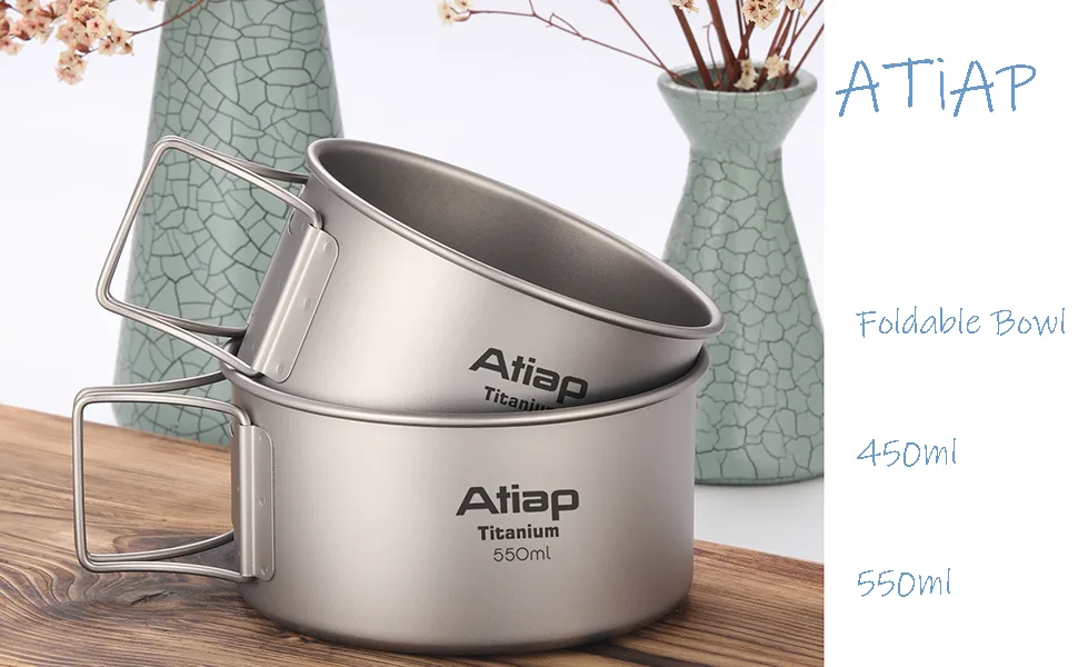 ATiAP Titanium Bowl Pot with Foldable Handle, Single-Wall Titanium Cooking Tableware Bowl with Folding Handle for Outdoor Camping Hiking Picnic (550ML) - Titanium Camping Foldable Bowl