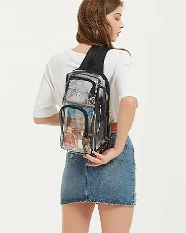 Busiuw Clear Backpack Stadium Approved Clear Sling Bag 12x6x12 with Adjustable Reinforced Straps, Clear Chest Bag for Festivals and Games (Black) Small Black - clear sling bag