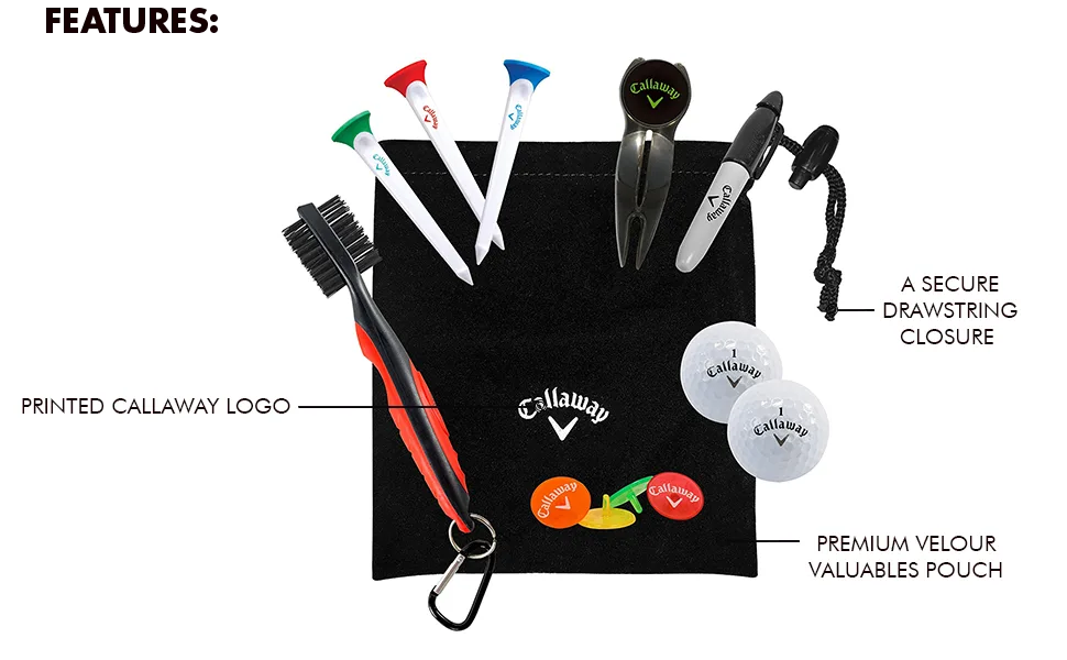 Callaway On-Course Golf Accessories Gift Set with Golf Club Brush & Divot Repair Tool with Ball Marker,Black - set Features Banner