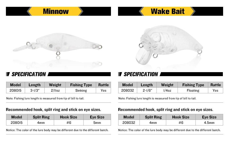 Croch Blank Crankbaits Unpainted Fishing Lure with Tackle Box Multi-type A: 30 Pcs, 6 Different Types - product specification