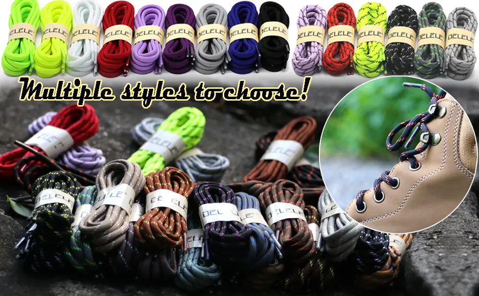 DELELE 2 Pair Thick Round Climbing Shoelaces Hiking Shoe Laces Boot Laces 45.28"Inch (115CM) De109-02 Black - Multiple styles to choose