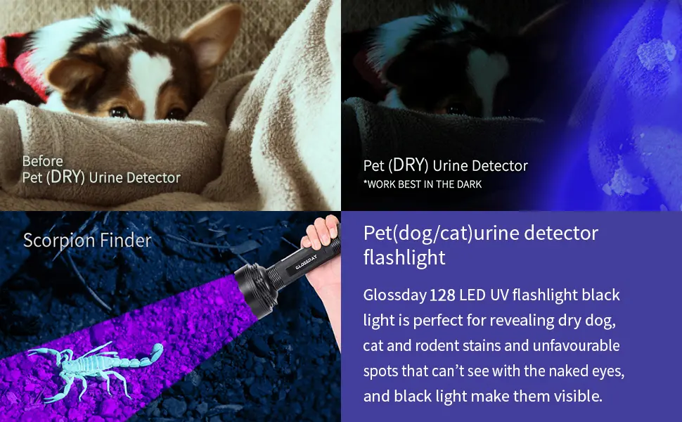 GLOSSDAY Blacklight Flashlight,128 LED UV Flashlights, Upgraded Bright Ultraviolet Flashlight Professional Black Light for Dog/Cat, Hunting Scorpions 128LED - GLOSSDAY Blacklight Flashlight 128 LED 02