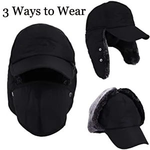 Winter 3 in 1 Thermal Fur Lined Trapper Bomber Hat with Ear Flap Face Warmer Windproof Baseball Ski Cap Black - 3 ways to wear