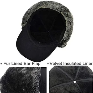 Winter 3 in 1 Thermal Fur Lined Trapper Bomber Hat with Ear Flap Face Warmer Windproof Baseball Ski Cap Black - Inner show