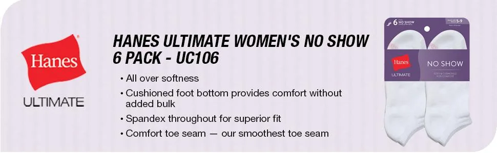 Hanes Ultimate Women's 6-Pack No-Show Socks Shoe Size: 5-9 White - product information 2