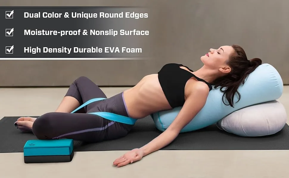 Heathyoga Yoga Blocks 2 Pack with Strap, High Density EVA Foam Yoga Block and Yoga Strap Set to Support and Improve Poses and Flexibility Turquoise - Yoga Blocks