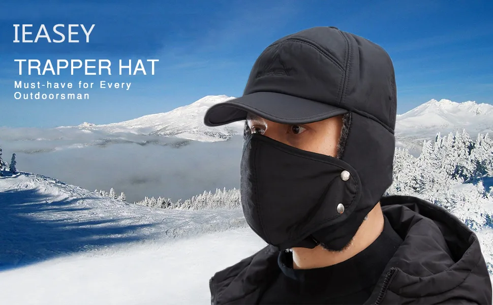 iEasey Winter Trapper Hat for Men Warm Thermal Fur Bomber Hats Insulated Baseball Cap with Ear Flap Face Cover Black - winter ski hat