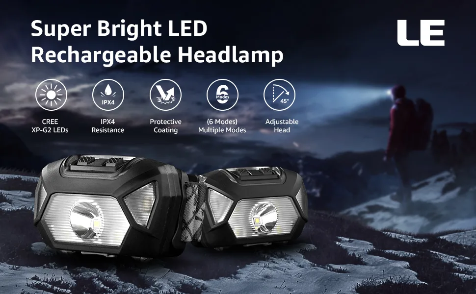 LE Headlamp Rechargeable Super Bright, LED Head Lamp with 6 Modes for Camping & Hiking Gear Essentials, IPX4 Waterproof High Lumen Headlight Flashlights with Adjustable Headband,USB Cable Included - super bright headlamps 2 pack