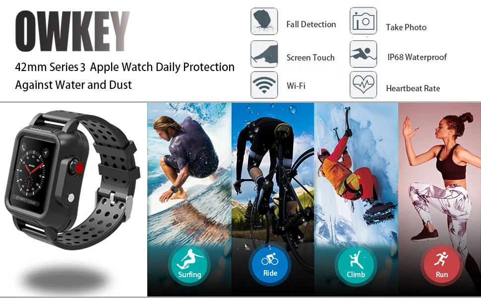 OWKEY Waterproof Apple Watch Case 42mm Series 3 with 3PCS Premium Multi-Size Bands, Built-in Screen Protector Full Body Rugged iWatch Protective Case Anti-Scratch Drop Shock Proof Apple Watch Case 42 mm - OWKEY