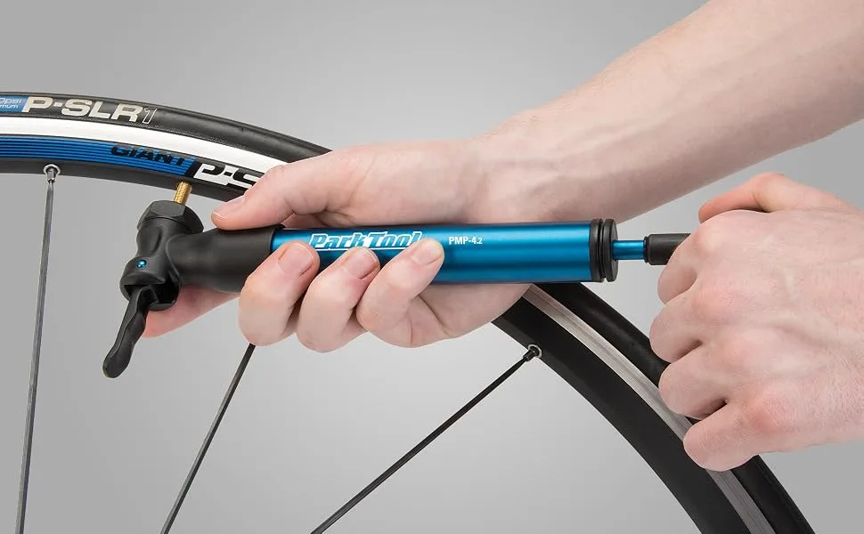 Park Tool PMP-4.2B Blue Mini Pump - Park Tool PMP-4.2 in use