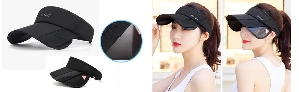 Summer Sun Visor Hat - Women Adjustable Golf Cap with Retractable Brim, UV Protection Beach/Tennis Sport Hat Black - Shrinkable