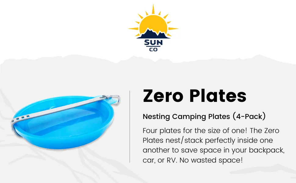 Sun Company Zero Plates - 4-Pack of Stackable Nesting Plates for Camping with Silicone Strap | Dishwasher-Safe Space-Saving Travel Mess Kit | Dinnerware for Camping, Backpacking, or RV (Blue Ice) - Zero Plates (4-Pack) Nesting Camping Plates