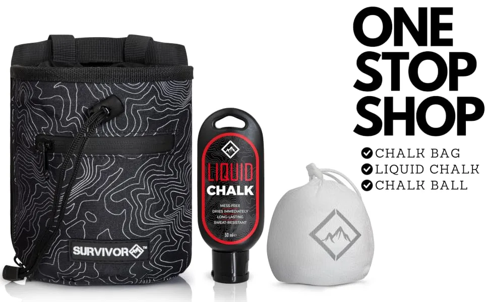 SURVIVOR Chalk Bag + Refillable Chalk Ball + Liquid Chalk - Draw String & 2 Zippered Pockets - Black Chalk Bag for Rock Climbing, Bouldering, Weightlifting with Hand Chalk Accessories for Extra Grip - One Stop Shop