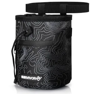 SURVIVOR Chalk Bag + Refillable Chalk Ball + Liquid Chalk - Draw String & 2 Zippered Pockets - Black Chalk Bag for Rock Climbing, Bouldering, Weightlifting with Hand Chalk Accessories for Extra Grip - Survivor Chalk Bag