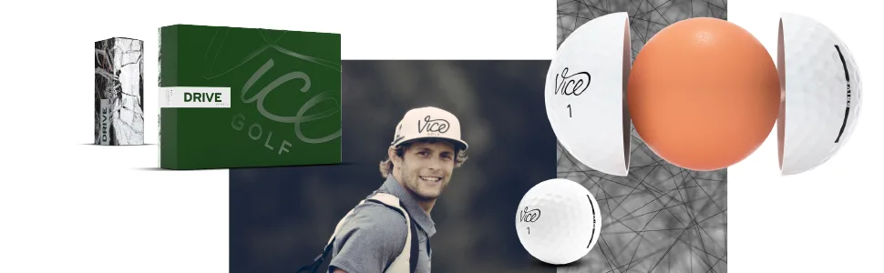 Vice Golf Drive White Golf Balls - Vice DRIVE with packaging and player