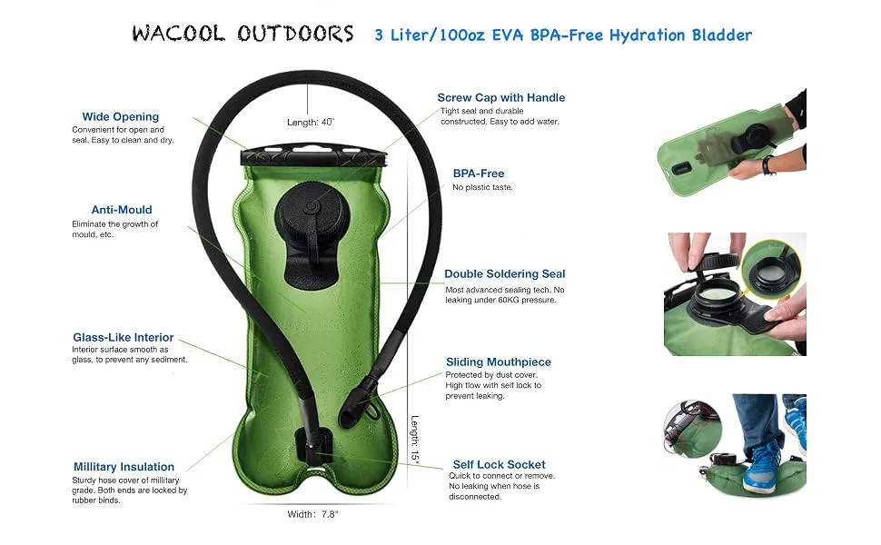 WACOOL 3L 3Liter 100oz BPA Free EVA Hydration Pack Bladder, Leak-Proof Water Reservoir Green(Double Opening) - 3L main