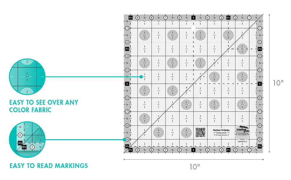 Creative Grids Perfect 10 Ruler - CGRPERF10 - easy to see over any color fabric