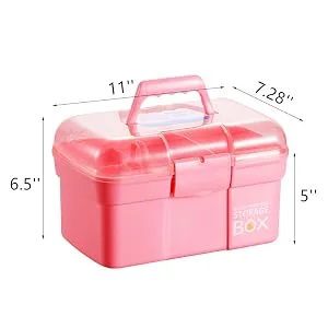 Kinsorcai 11'' Plastic Storage Box with Removable Tray, Multipurpose Organizer and Storage Case for Art Craft and Cosmetic (Pink) - SCF2 CCT1