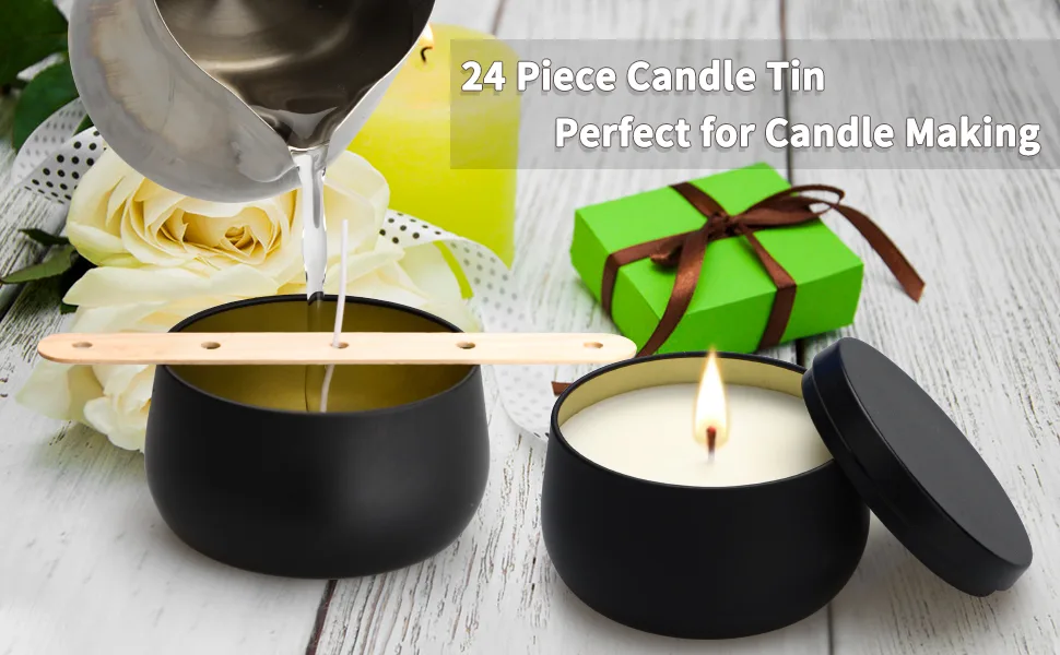 Candle Tins 24 Pieces, 8oz Large Size Metal Jars for Candle Making/DIY/Arts & Crafts, Reusable Empty Can Containers with Lid, Black Black 8oz 24 Pack - candle tin