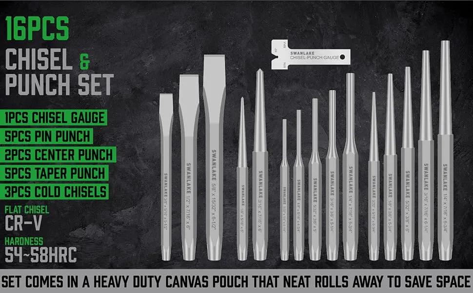 SWANLAKE Punch and Chisel Set, Including Taper Punch, Cold Chisels, Pin Punch, Center Punch (16pcs) - product information 2