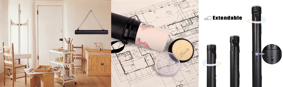 Transon Poster Documents Storage Tube Extendable for Artworks, Blueprints, Drafting and Scrolls Color Black 1 Pack-Black - product information 16