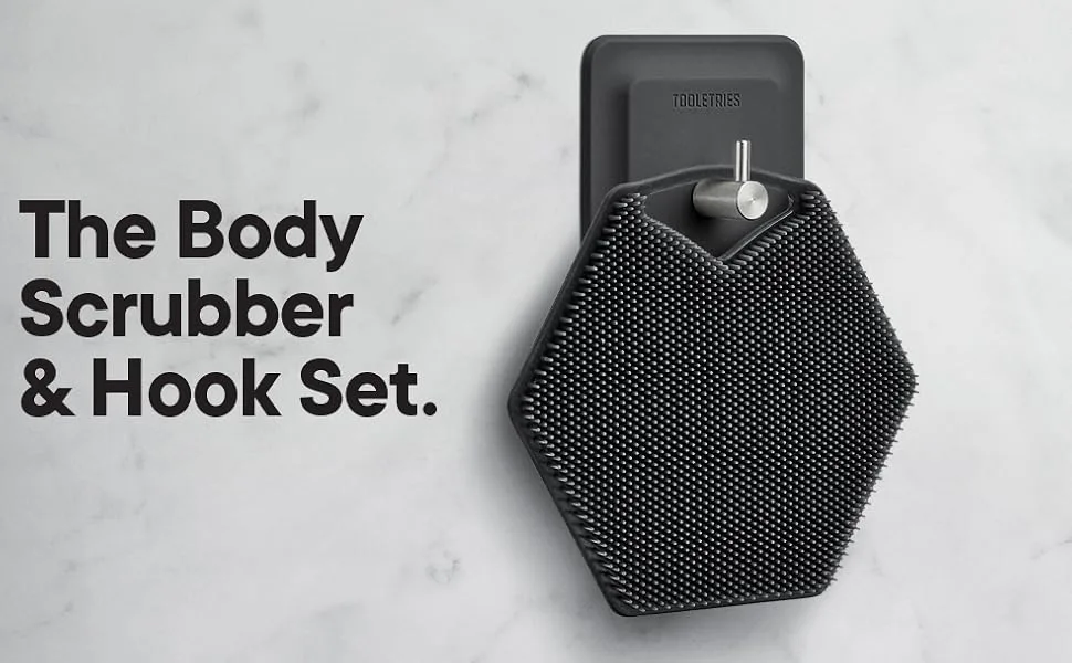 Tooletries - Body Scrubber & Storage Hook - Silicone Toiletry Organizer, Shower & Bathroom Accessory - Features Silicone-Grip Technology, Removable & Reusable - Charcoal - The Body Scrubber &amp; Hook Set