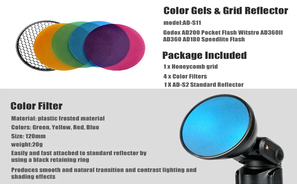 Godox AD-S2 Standard Reflector with Soft Diffuser and ad-s11 Witstro Flash Speedlite Accessories for Godox AD200 AD200PRO AD360 AD360II Flashes - AD-S11