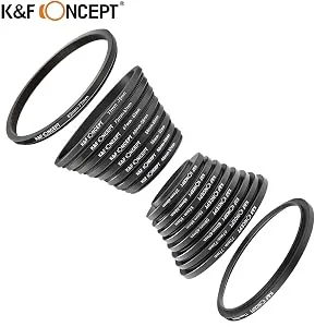 K&F Concept 18 Pieces Filter Ring Adapter Set, Camera Lens Filter Metal Stepping Rings Kit (Includes 9pcs Step Up Ring Set + 9pcs Step Down Ring Set) Black - product information 1