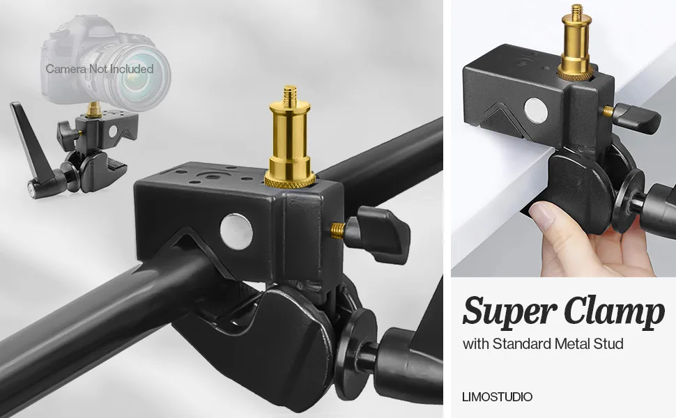 LimoStudio 1 Pack Super Clamp with Standard Metal Stud 1/4" & 3/8" Screw for Photo Video Studio, Multi Purpose Use, AGG1108 Black (1 Pack) - Super Clamp