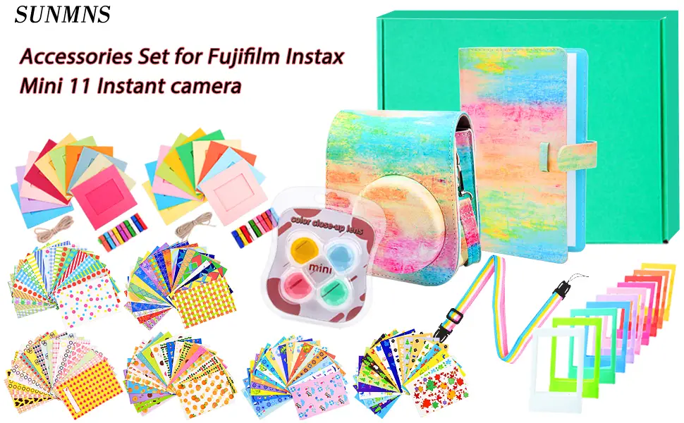 Sunmns Accessories Bundle Kit Set Compatible with Fujifilm Instax Mini 11 Instant Camera, Accessory Include Case, Album, Film Stickers, Desk Frames, Paper Frame, Filters, Strap (Rainbow) - mini 11 camera accessories