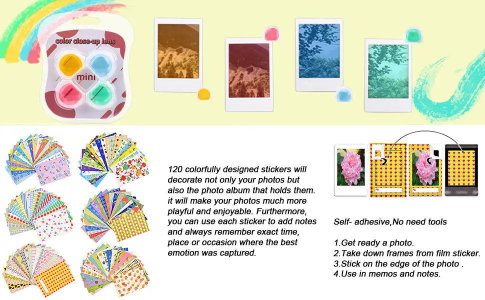 Sunmns Accessories Bundle Kit Set Compatible with Fujifilm Instax Mini 11 Instant Camera, Accessory Include Case, Album, Film Stickers, Desk Frames, Paper Frame, Filters, Strap (Rainbow) - mini 11 camera film stickers color filter