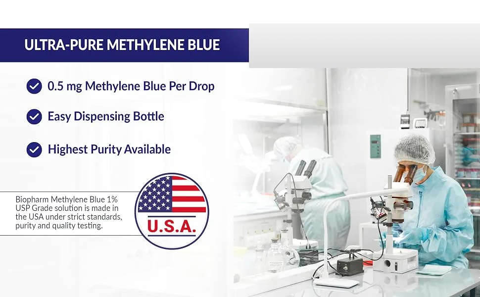 Methylene Blue, USP (Pharmaceutical) Grade, 1% Solution (0.5 mg per Drop)  50 mL (1.69 fl oz) in Blue Glass Dropper Bottle - methylene blue food grade, methylene blue, methylene blue for fish, methylene blue stain