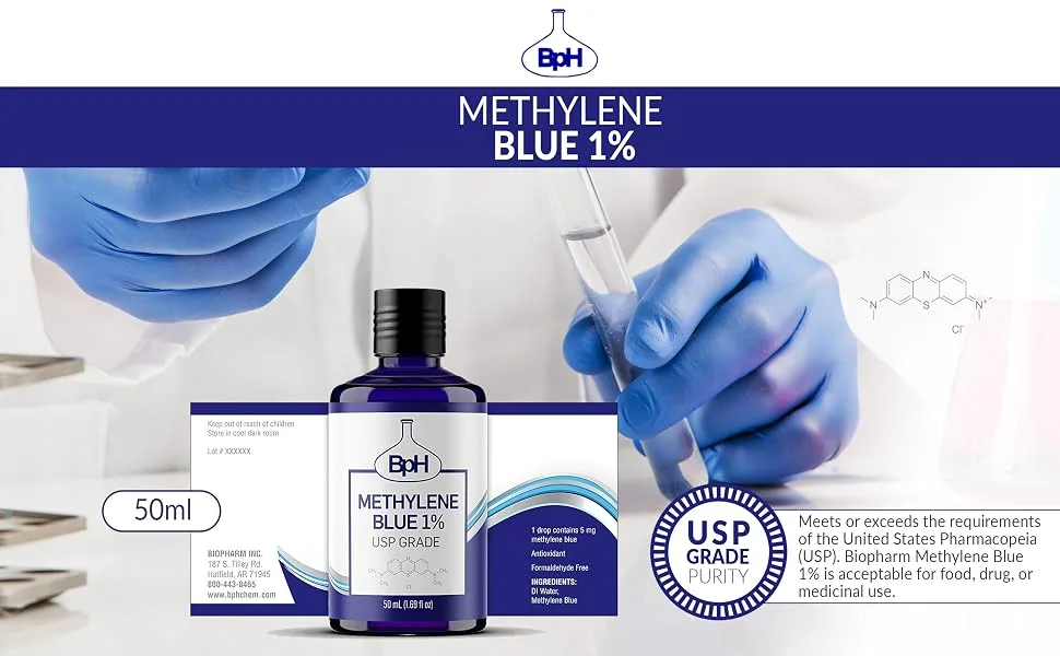 Methylene Blue, USP (Pharmaceutical) Grade, 1% Solution (0.5 mg per Drop)  50 mL (1.69 fl oz) in Blue Glass Dropper Bottle - pharmaceutical grade methylene blue, methylene blue supplement, methylene blue for humans