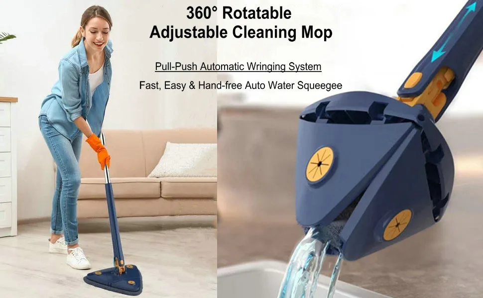 360 Rotatable Adjustable Cleaning Mop Extendable Triangle Mop with Long Handle Hand Twist Quick Dry Mop Multifunctional Microfiber Wet and Dry Mop for Floor Wall with 3 Replacement Pads Blue - Rotatable Adjustable Cleaning Mop