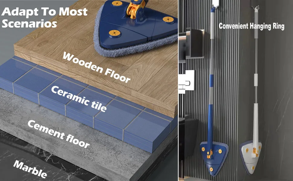 360 Rotatable Adjustable Cleaning Mop Extendable Triangle Mop with Long Handle Hand Twist Quick Dry Mop Multifunctional Microfiber Wet and Dry Mop for Floor Wall with 3 Replacement Pads Blue - triangle mop