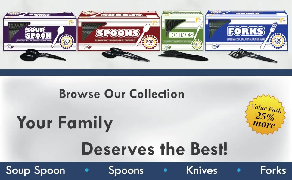 HOGOWARE 500 Black Plastic Forks, Medium Weight Disposable Cutlery, Great for Take-Out, Party, Picnics, Outdoor Events, 1 Box - Spoon Fork Soup Spoon Disposable