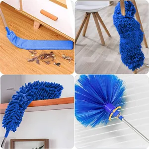 Microfiber Feather Duster, 5PCS Washable Cobweb Dusters for Cleaning Kit with 100" Extension Long Pole, Bendable Telescopic Duster for High Ceiling Fan, Blinds, Furniture & Cars Blue - bendable