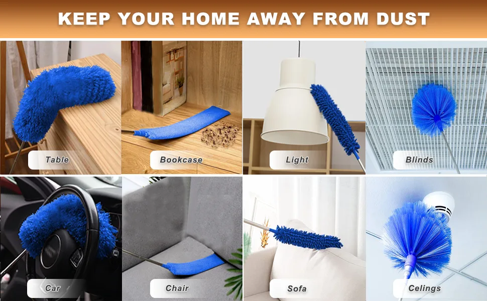 Microfiber Feather Duster, 5PCS Washable Cobweb Dusters for Cleaning Kit with 100" Extension Long Pole, Bendable Telescopic Duster for High Ceiling Fan, Blinds, Furniture & Cars Blue - cleaning